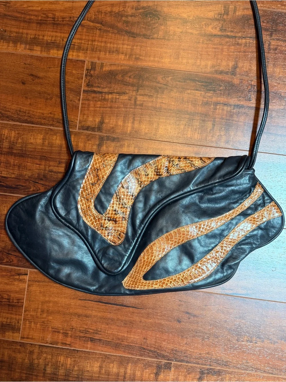 Vintage Black Soft Leather Shoulder Bag Snakeskin Inlay Slouch Hobo Boho Artisan